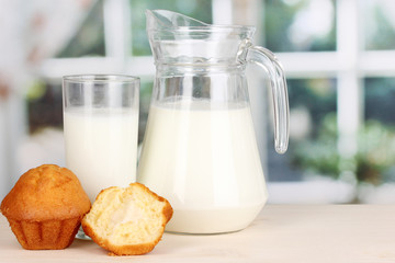 Pitcher and glass of milk with muffins