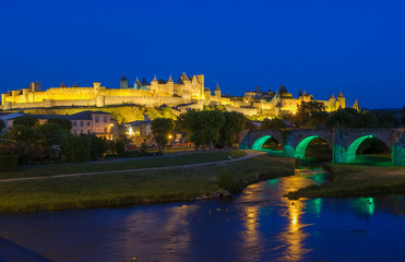 Medieval town of Carcassonne at night