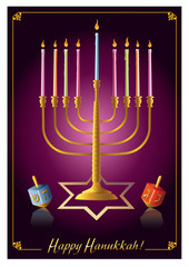 Hanukkah menorah with  candles and  dreidel
