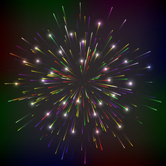 Bright abstract festive fireworks over black background.