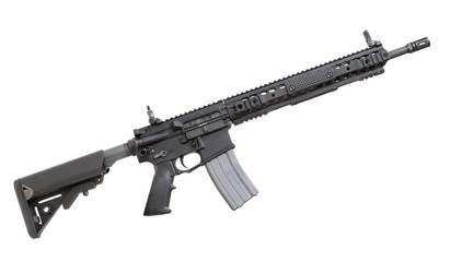Assault rifle with a high-capacity magazine often used by the police isolated on a white background - obrazy, fototapety, plakaty