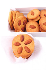 Homemade almond cookies in a box. Christmas baking.