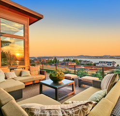 Beautiful Home Patio with Sunset View - obrazy, fototapety, plakaty
