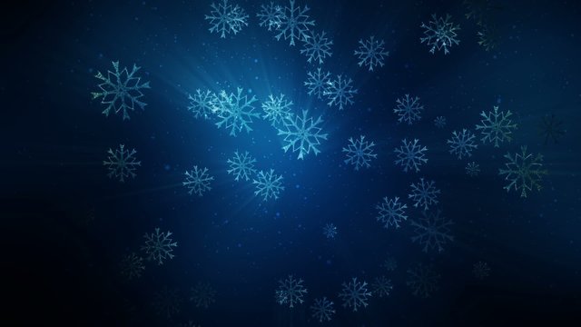 Large snowflakes are falling against a blue background