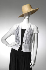 female clothes in black evening with hat on a mannequin