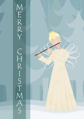 Retro angel playing on a flute in snowy landscape