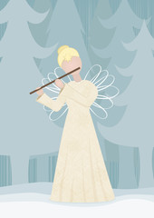 Retro angel playing on a flute in snowy landscape