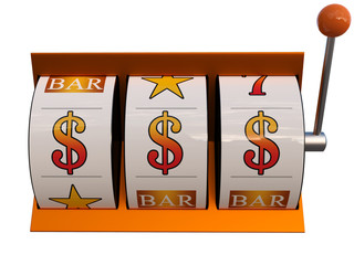 3d illustration of slot machine with dollars jackpot