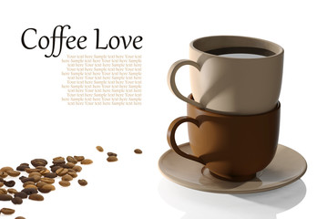 Coffee cups and coffee beans on white background