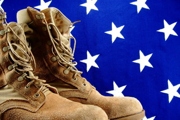 Desert military boots and vintage cloth American flag