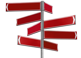 Blank red direction sign with 8 arrows isolated on white
