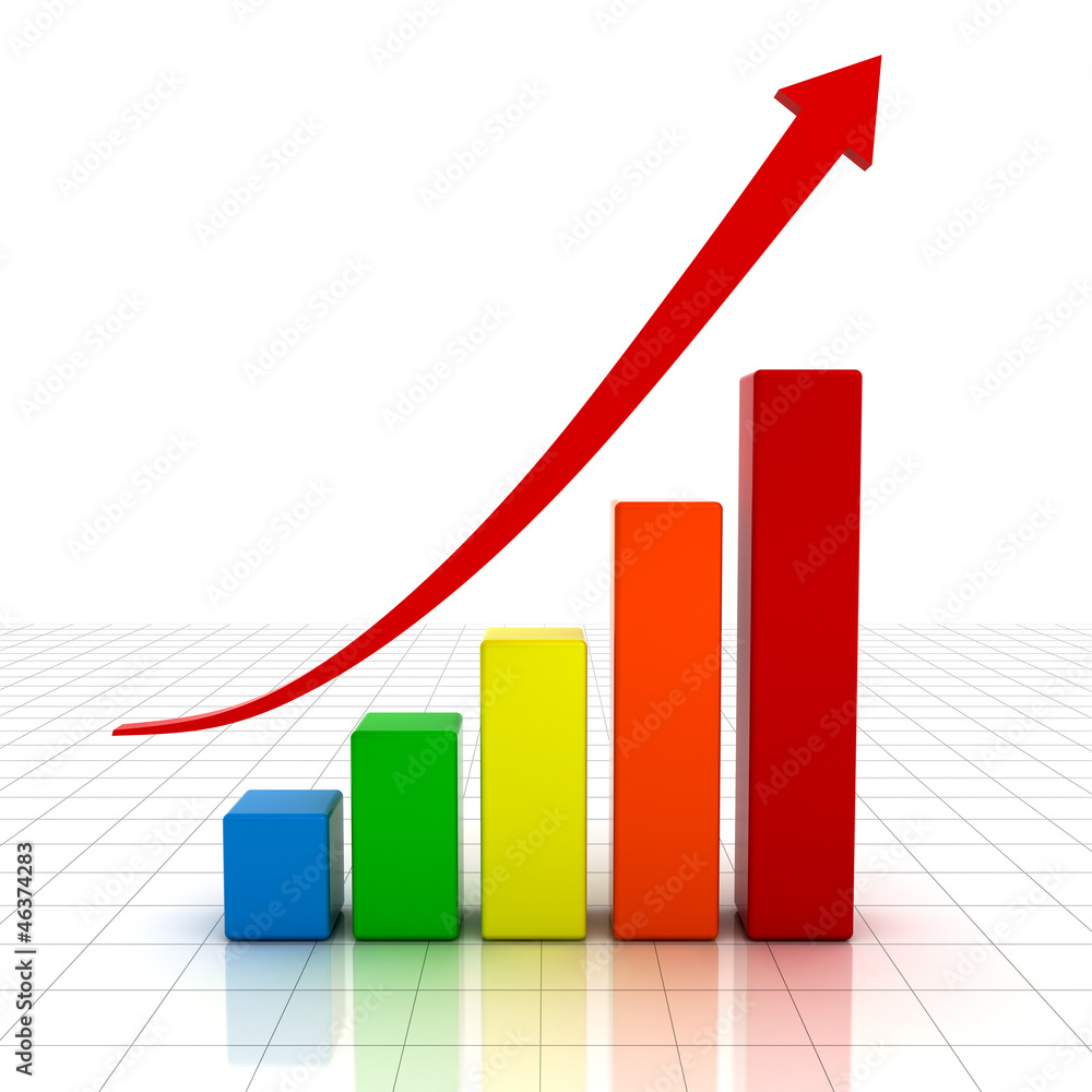 Poster business graph with red rising arrow over white background