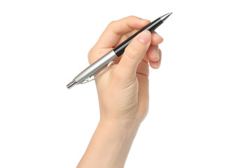 Hand with pen on white background