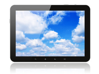 Tablet pc with blue sky on white background