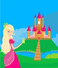Fototapete Schloss Schöne junge Prinzessin, die einen großen grünen Frosch hält