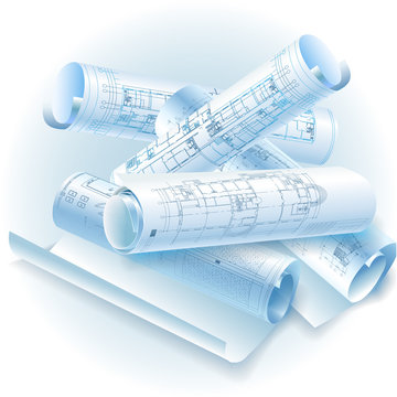 Architectural background with rolls of drawings