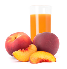 Ripe peach fruit and juice glass