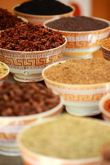 Traditional spices and dry fruits in local bazaar in India.
