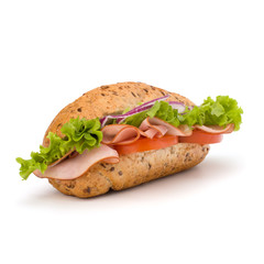 fast food baguette sandwich with lettuce, tomato, ham and chees