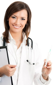 Doctor with syringe, isolated over white