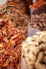 Traditional spices and dry fruits in local bazaar in India.