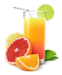 Isolated drink. Mixed citrus fruit juice in a glass and pieces of orange, grapefruit and lime isolated on white background