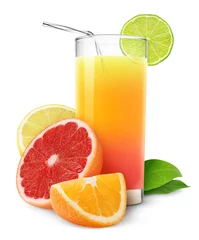 Crédence de cuisine en verre imprimé Jus Isolated drink. Mixed citrus fruit juice in a glass and pieces of orange, grapefruit and lime isolated on white background