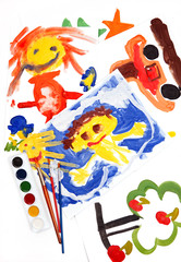 Obraz premium collage of children's drawings, watercolors and brushes