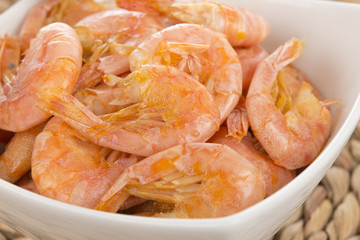 Sauteed Shrimp - Bowl of prawns, shell and tails on.