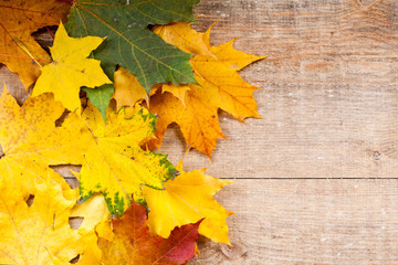 autumn leaves over wooden background