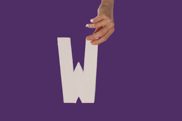 Female hand holding up the letter W from top