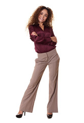 Friendly woman standing isolated white background.