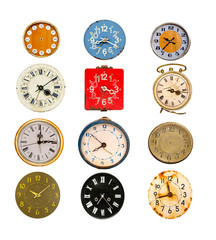 antique colorful clock dial collection isolated on white