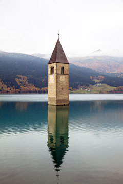 Tower of sunken church in Lago di Resia South Tyrol