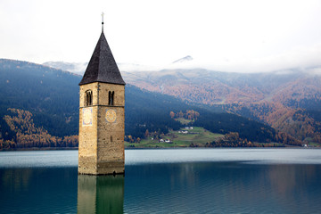 Tower of sunken church in Lago di Resia South Tyrol