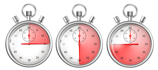 stopwatches set isolated on white with 15, 30, 45 seconds period