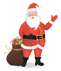 Santa Claus standing with a bag of presents and waving.