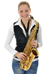 Fototapeta premium Junge Frau mit Saxophon