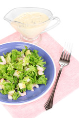 Delicious marinated shrimp in plate isolated on white