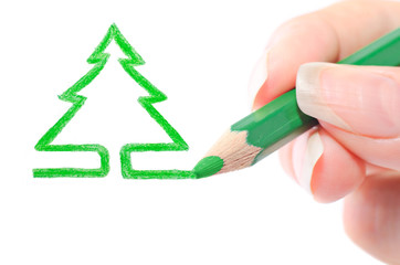 a new-year tree is drawn a green pencil