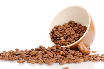 Coffee beans in cup isolated on white