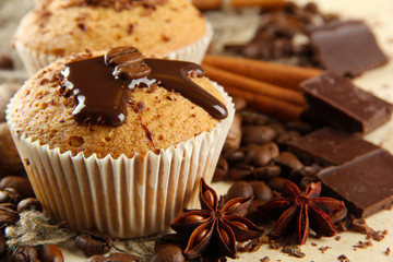 tasty muffin cakes with chocolate, spices and coffee seeds,