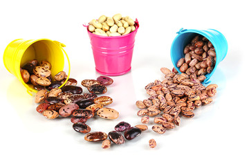 Different types of beans in colored buckets isolated on white