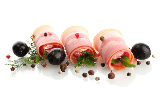 tasty bacon with olives and spices, isolated on white