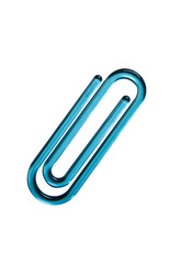 Blue paper clip against white background