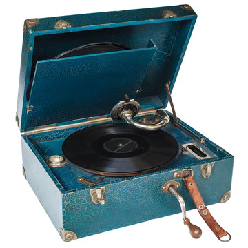 Vintage blue boxed turntable isolated on white