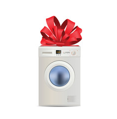 Illustration of realistic washing machine gift with red ribbon