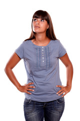 Obraz premium Charming young female looking up on blue shirt