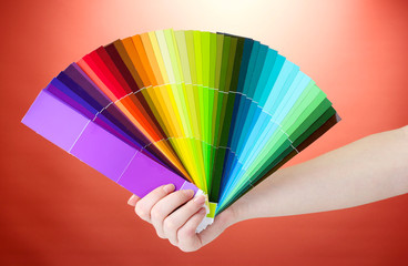 hand holding bright palette of colors on red background