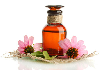 medicine bottle with purple echinacea , isolated on white
